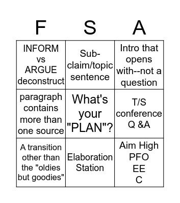 FSA Writing Bingo Card
