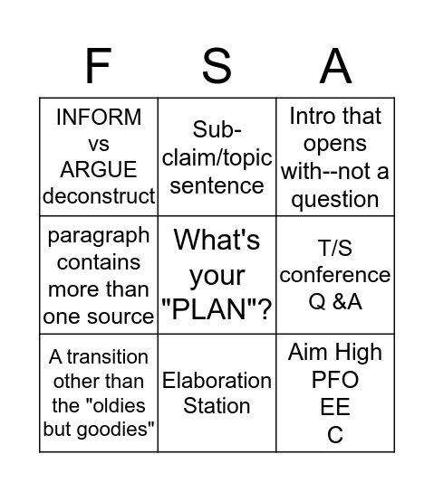 FSA Writing Bingo Card
