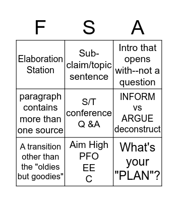 FSA Writing Bingo Card