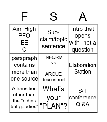 FSA Writing Bingo Card