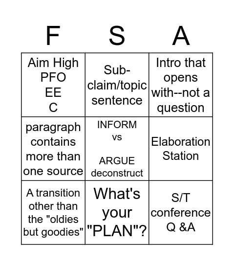 FSA Writing Bingo Card