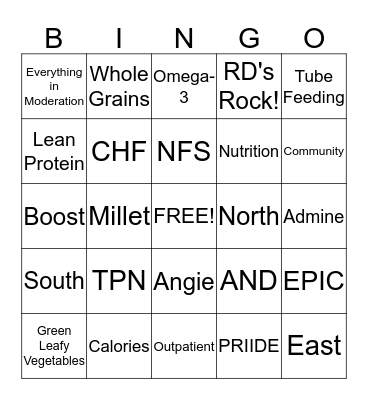Dietician Bingo Card