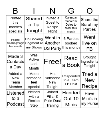 Recipe Night Bingo Card