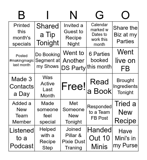 Recipe Night Bingo Card