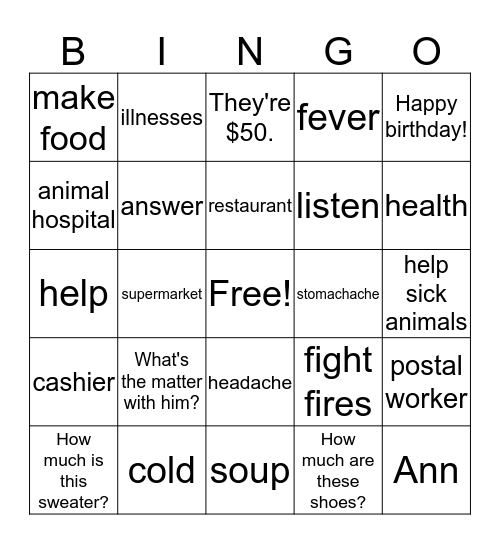 Book 3 Lesson 3 & 4  Bingo Card