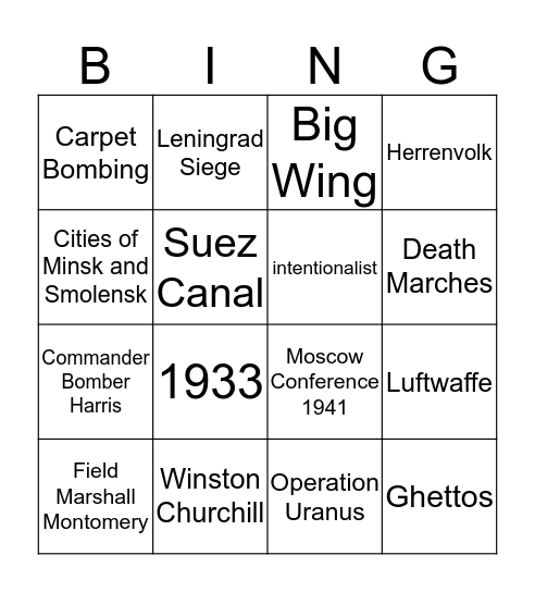 Modern History Conflict in Europe Assessment Bingo Card