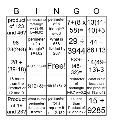 Fun with Math Bingo Card