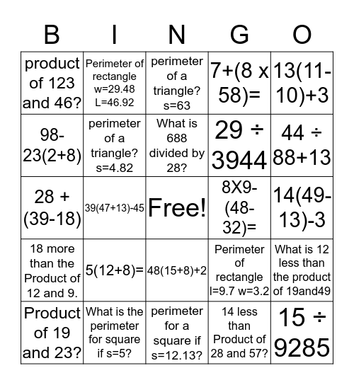 Fun with Math Bingo Card