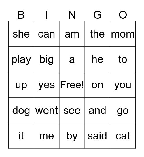 Popcorn Word Bingo Card