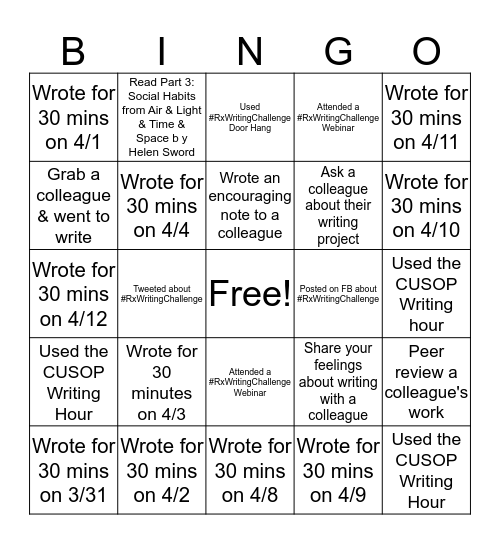 CUSOP #RxWriting Challenge BINGO Card