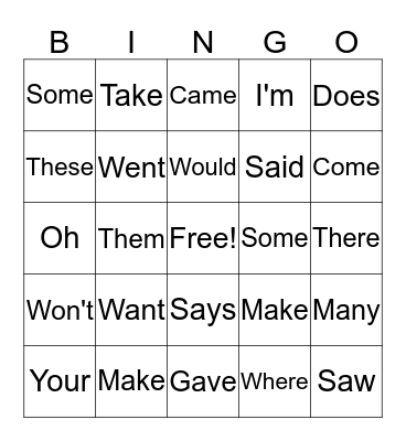 Sight Words Bingo Card