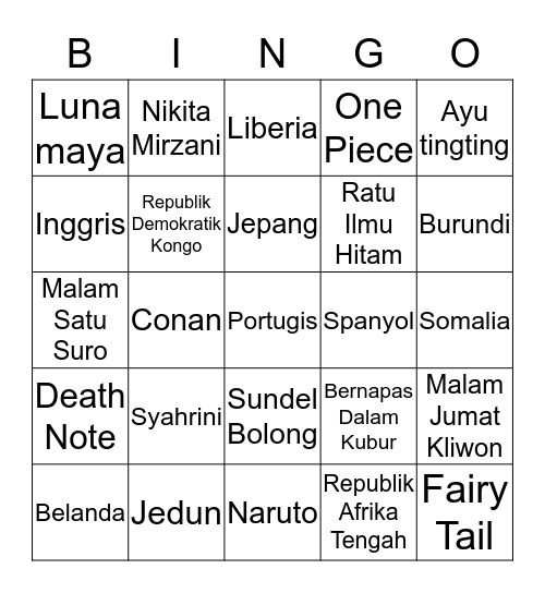 Punya ura Bingo Card