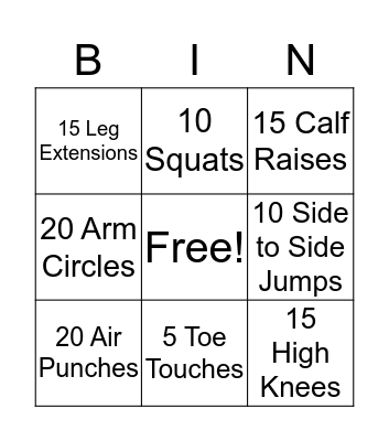 Fitness Bingo Card