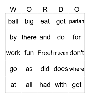 WORDO GAME 2 Bingo Card