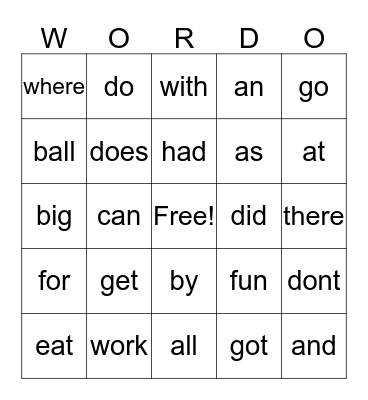 WORDO GAME 2 Bingo Card