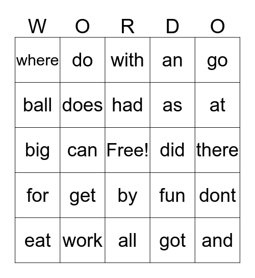 WORDO GAME 2 Bingo Card