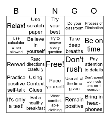 Test Taking Tips Bingo Card