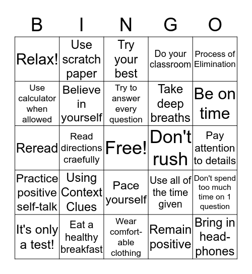 Test Taking Tips Bingo Card