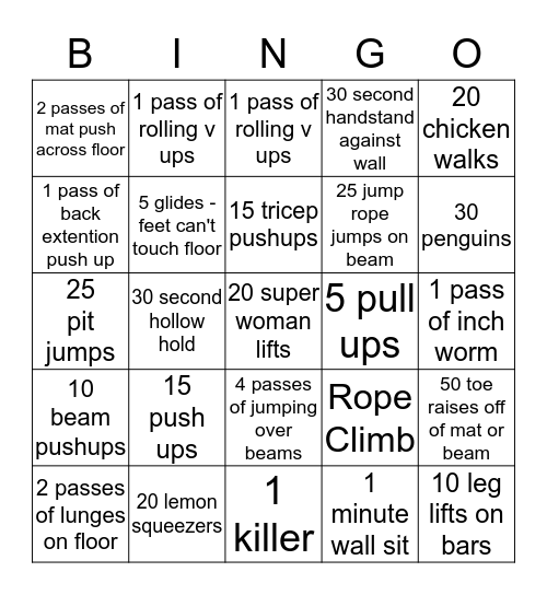 Conditioning Bingo Card