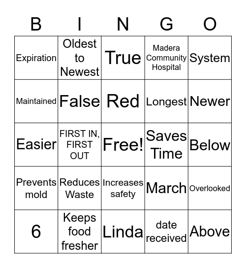 FIFO   Receiving  Storage Bingo Card