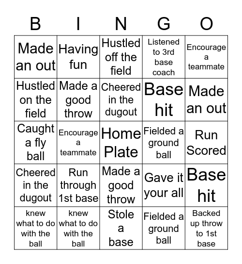 Softball Bingo Card