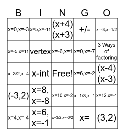 Quadratics Bingo Card