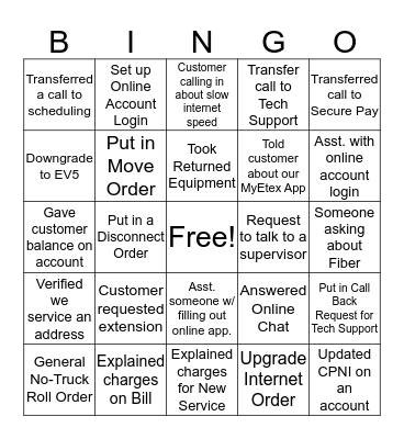 Customer Service Bingo Card