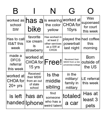Egleston Social Work Bingo Card