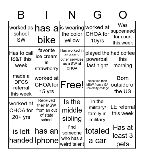 Egleston Social Work Bingo Card