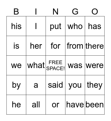 Sight Word Bingo Card