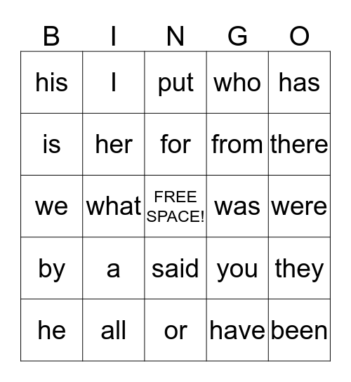 Sight Word Bingo Card