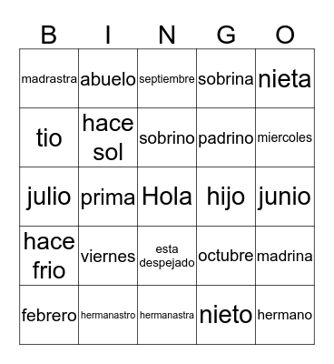 Dias, meses, el tiempo y la familia  Bingo Card