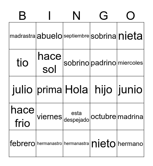 Dias, meses, el tiempo y la familia  Bingo Card