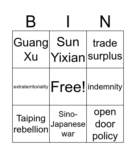 china and the west vocab Bingo Card