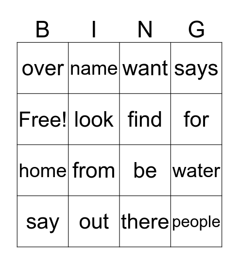 sight words Bingo Card