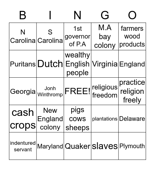 Luis 13 Colonies Bingo Card