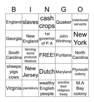 Gaby 13 Colonies Bingo Card