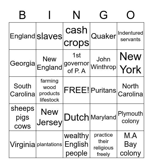 Gaby 13 Colonies Bingo Card