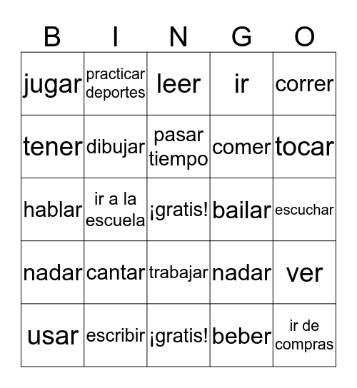 verbs Bingo Card