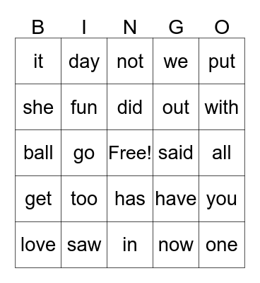 Snap Word Bingo Card