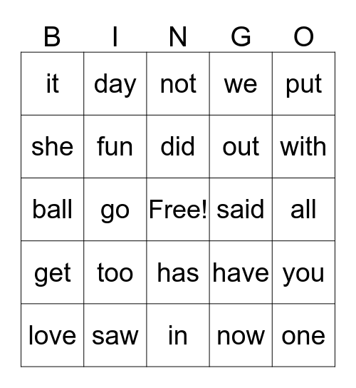 Snap Word Bingo Card