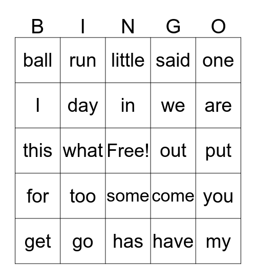 Snap Word Bingo Card