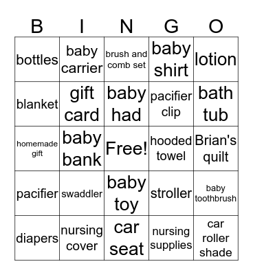 Shower Gift Bingo Card