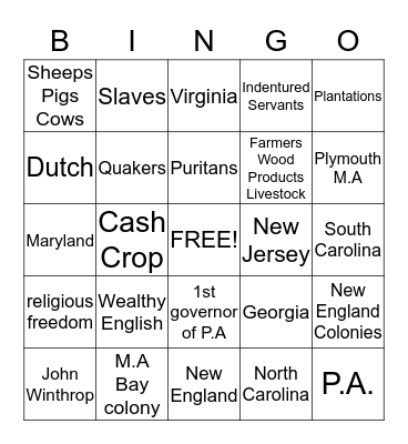 MONSE 13 Colonies Bingo Card