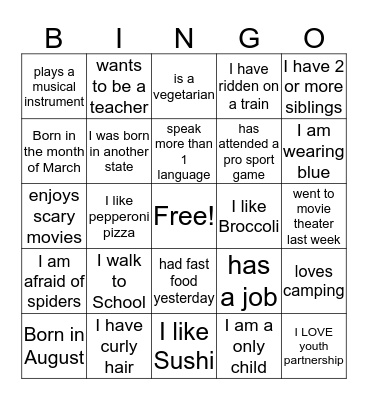 Youth Partnership Bingo Card
