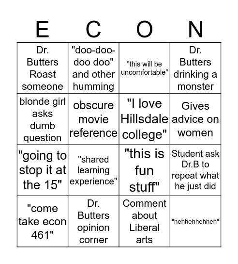Dr. Butters Economics Bingo Card