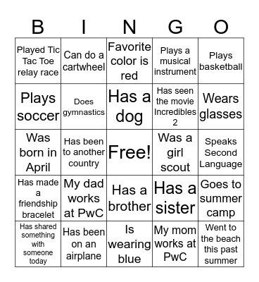 2019 PwC Kids Day Bingo! Bingo Card