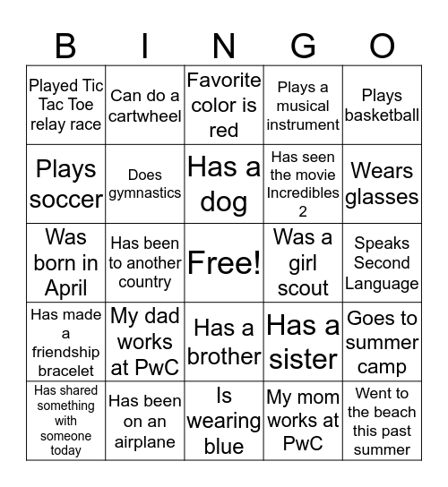 2019 PwC Kids Day Bingo! Bingo Card