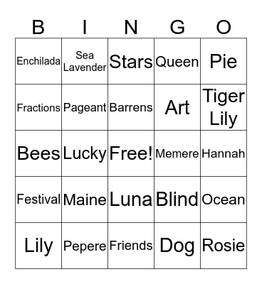 A Handful of Stars Bingo Card