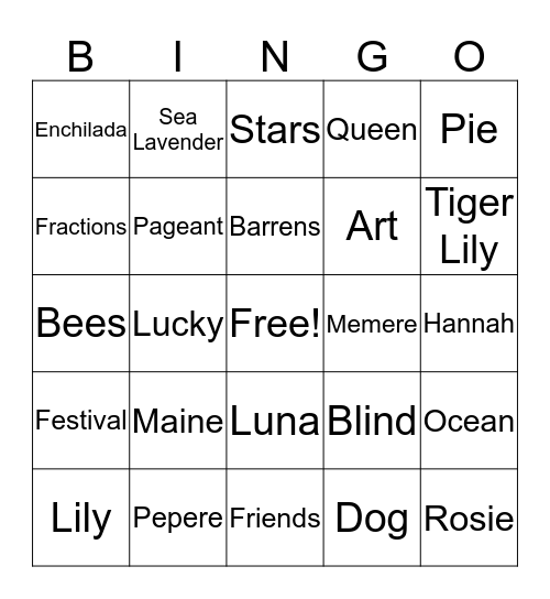 A Handful of Stars Bingo Card